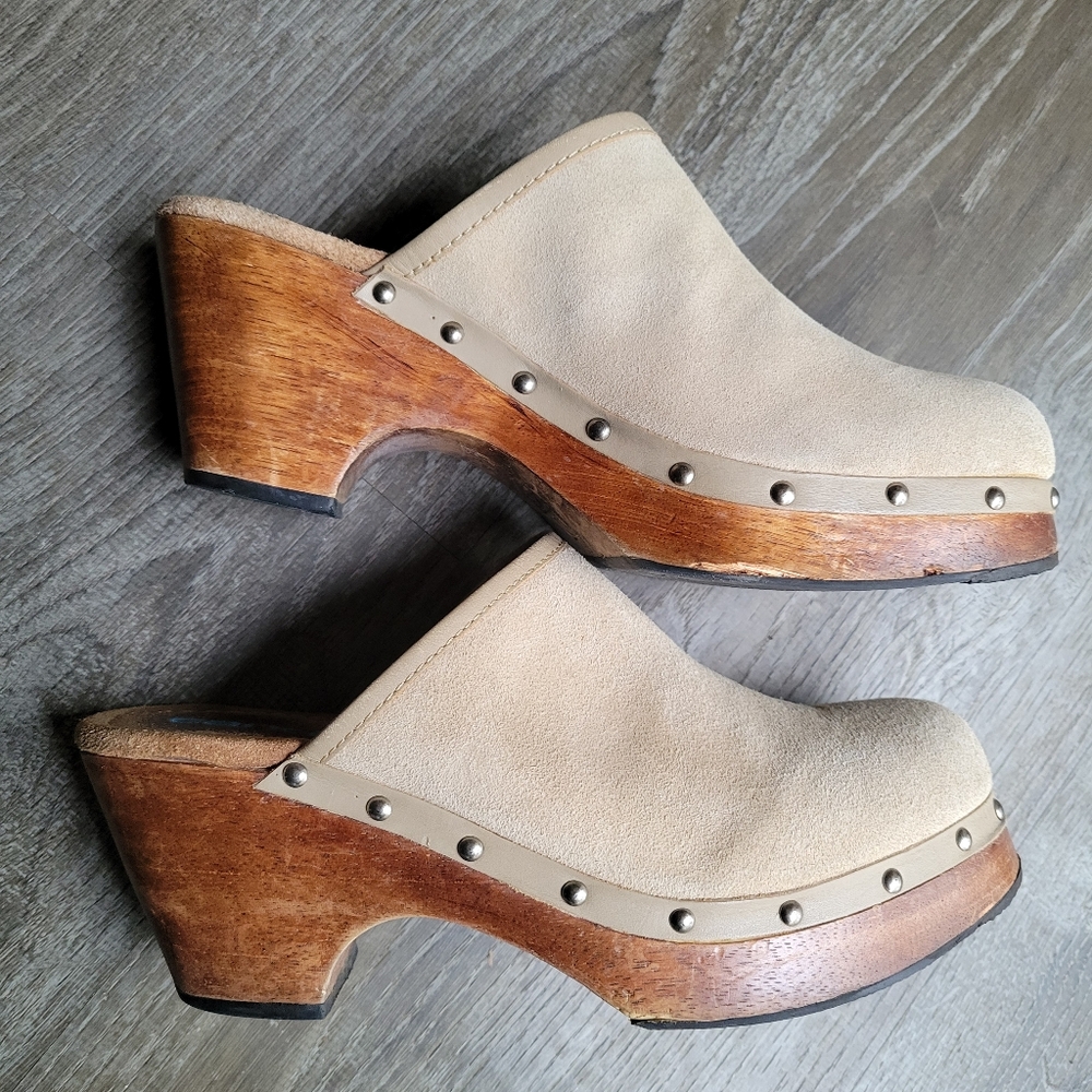 Candies Vintage Y2K Leather Suede Studded Chunky Wood Sole Heeled Clog Mule - Picture 6 of 10